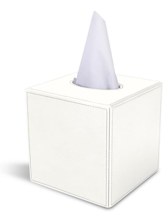 Lamsit Ibdaa Leather Tissue Box Holder with Magnetic Bottom | Rectangular Napkin Facial Tissues Dispenser | Square Cover PU Leather | Modern Organizer for Home Office Desk Car (White, Cubic) - Image 2