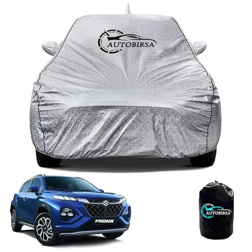 AUTOBIRSA Waterproof Car Body Cover for Maruti Fronx with Mirror and Antenna Pocket and Soft Cotton Lining (4 Side Elastic Triple Stitched & Metallic Silver with Black Piping Style) - Image 1