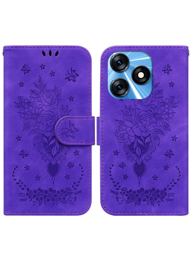 HuHa Case Cover For For Tecno Spark 10 / Spark 10C Butterfly Rose Embossed Leather Phone Case(Purple) 