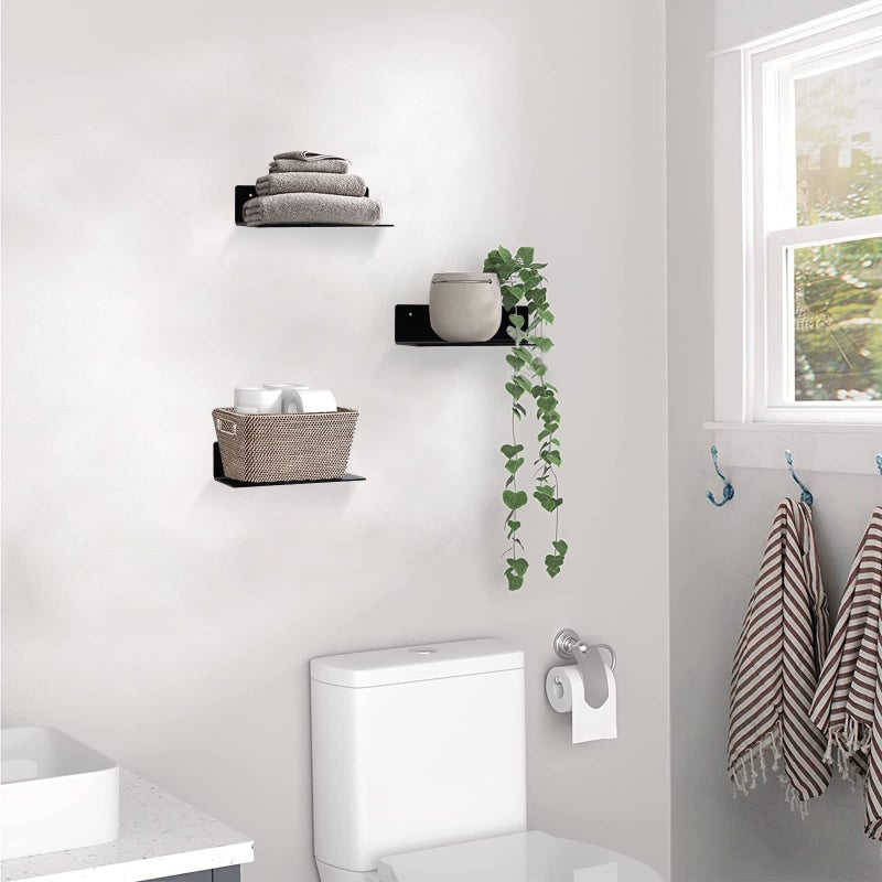 luium 9 Inch Acrylic Floating Shelf No Drill Adhesive Wall Shelf Set of 4 for Funko Pop Storage, Floating Shelves Damage-Free Expand Wall Space for Living Room, Bathroom, Gaming Room, Office - Black - Image 5