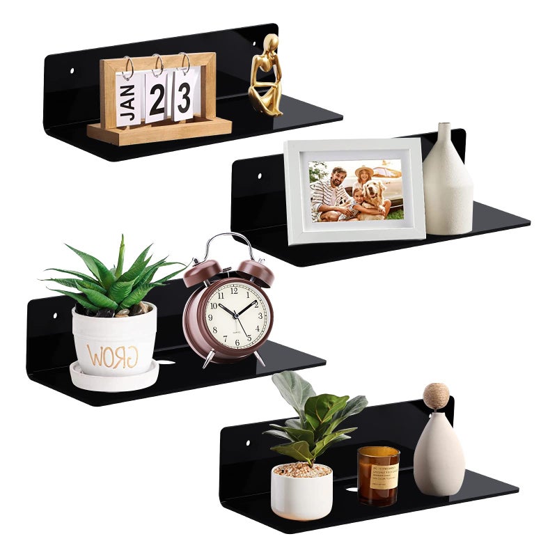 luium 9 Inch Acrylic Floating Shelf No Drill Adhesive Wall Shelf Set of 4 for Funko Pop Storage, Floating Shelves Damage-Free Expand Wall Space for Living Room, Bathroom, Gaming Room, Office - Black - Image 1