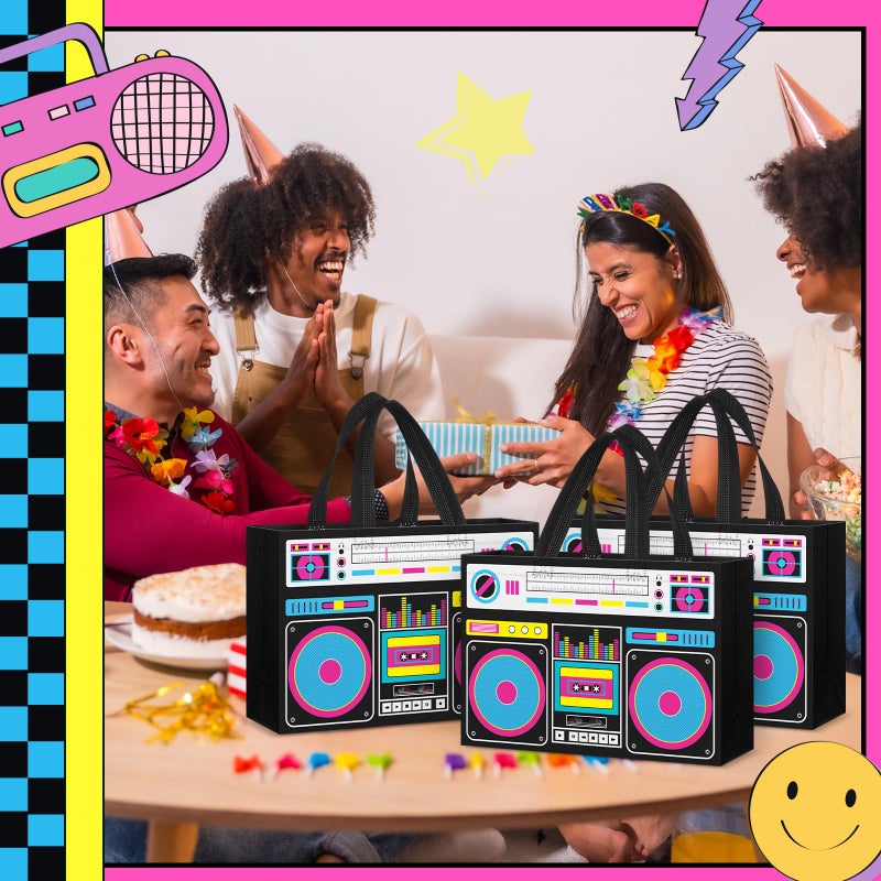 Locmeo 12 Pcs 24 Pcs 80s90s Party Favor Bags Non Woven Retro Radio Grocery Bags for Hip Hop Birthday Disco Rock Party (Black) - Image 4