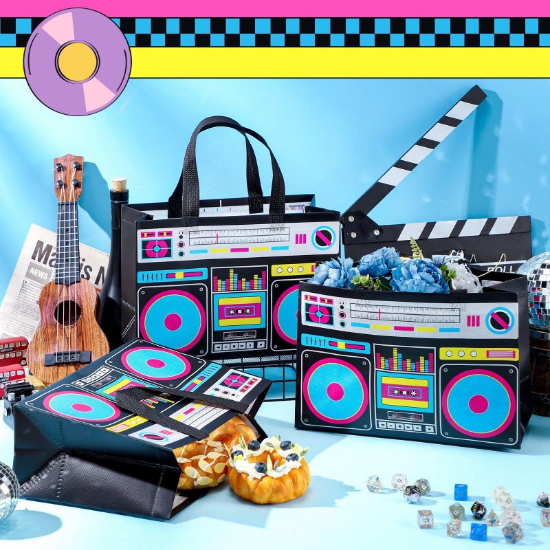 Locmeo 12 Pcs 24 Pcs 80s90s Party Favor Bags Non Woven Retro Radio Grocery Bags for Hip Hop Birthday Disco Rock Party (Black) - Image 2