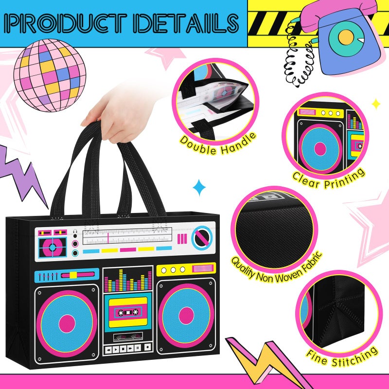 Locmeo 12 Pcs 24 Pcs 80s90s Party Favor Bags Non Woven Retro Radio Grocery Bags for Hip Hop Birthday Disco Rock Party (Black) - Image 5