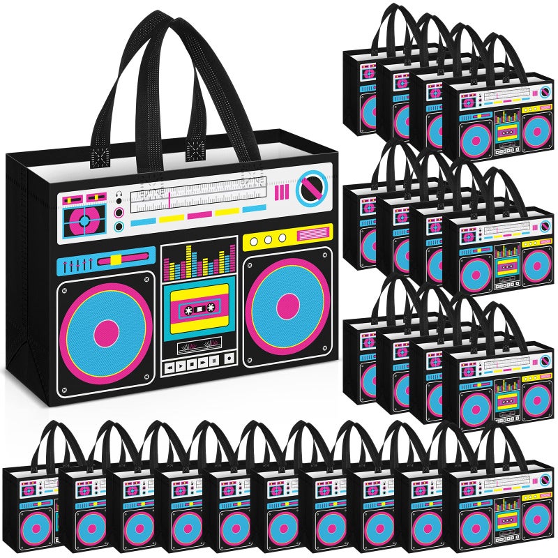 Locmeo 12 Pcs 24 Pcs 80s90s Party Favor Bags Non Woven Retro Radio Grocery Bags for Hip Hop Birthday Disco Rock Party (Black) - Image 1