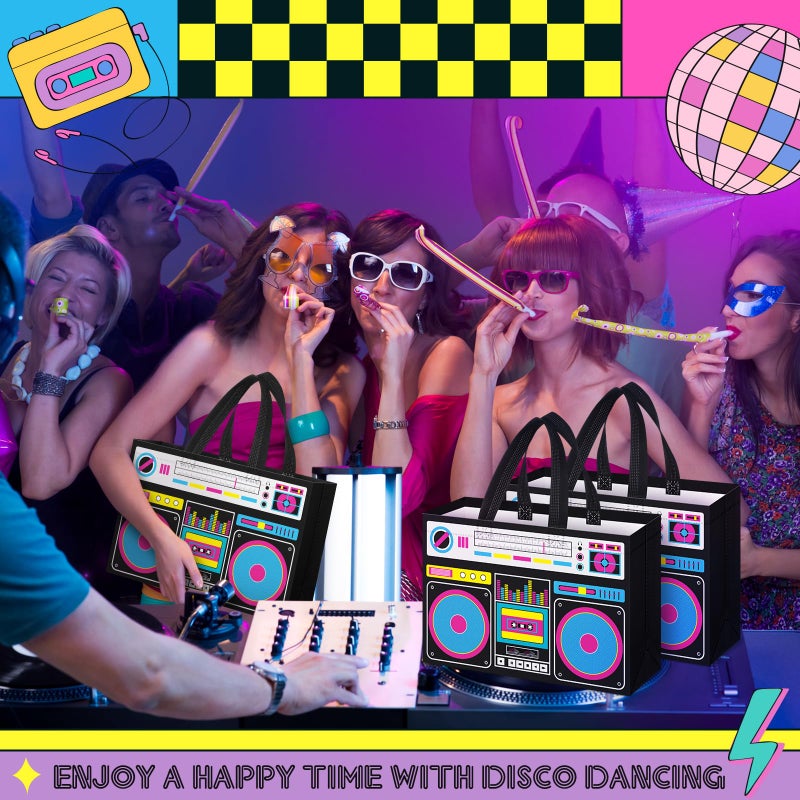 Locmeo 12 Pcs 24 Pcs 80s90s Party Favor Bags Non Woven Retro Radio Grocery Bags for Hip Hop Birthday Disco Rock Party (Black) - Image 3