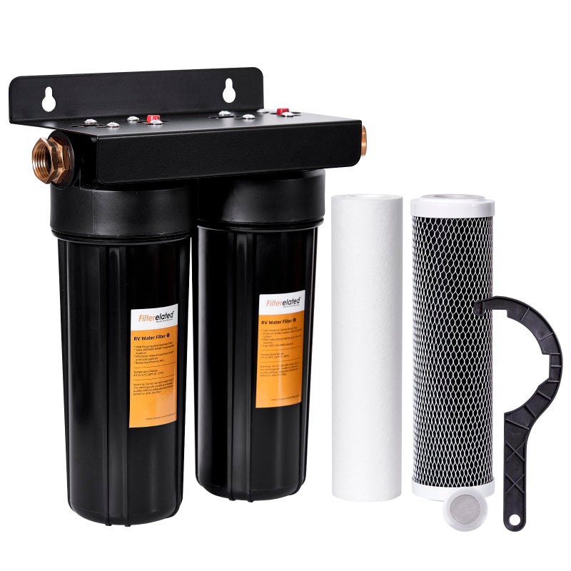 Filterelated RV Dual Water Filter System with 34 Brass Fittings Two Filters Included Reduces SedimentChlorineBad Taste and OdorsSuitable for RVsBoatsFarming  Gardening Black