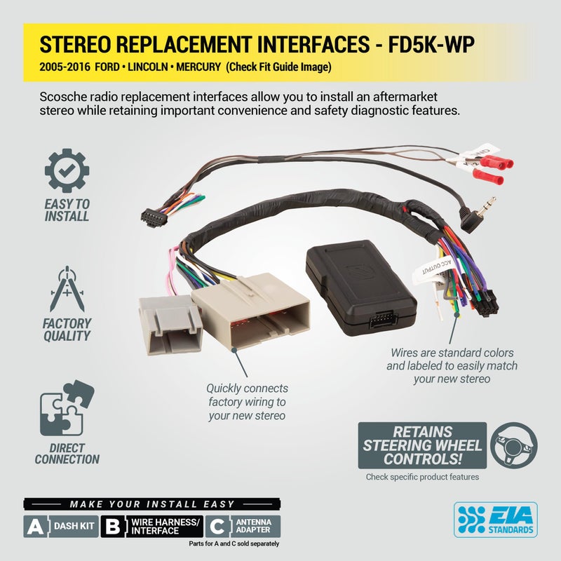 Scosche FD5K-WP Factory Stereo Replacement Interface Adapter Kit, Compatible with Select 2005-2016 Ford, Lincoln & Mercury, Car Radio Wiring Harness, Retains Steering Wheel Controls & OEM Amplifier - Image 4