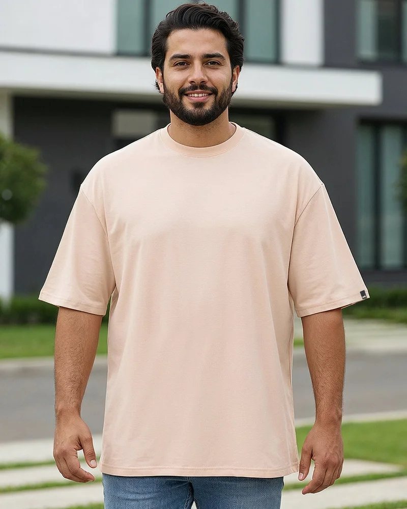 bewakoof Men's Beige Oversized Plus Size T-shirt