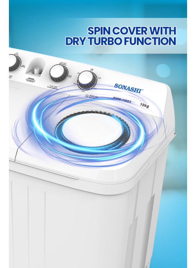 SONASHI 10kg Semi-Automatic Washing Machine - 450W Powerful Wash, 6.5kg Spin with Dry Turbo Function, Single Layer Tub, Dual Water Inlet Selection, 190W Spin Power, IPX4 Rated, 220-240V SWM-10003 10 kg 450 W SWM-10003 white - Image 3