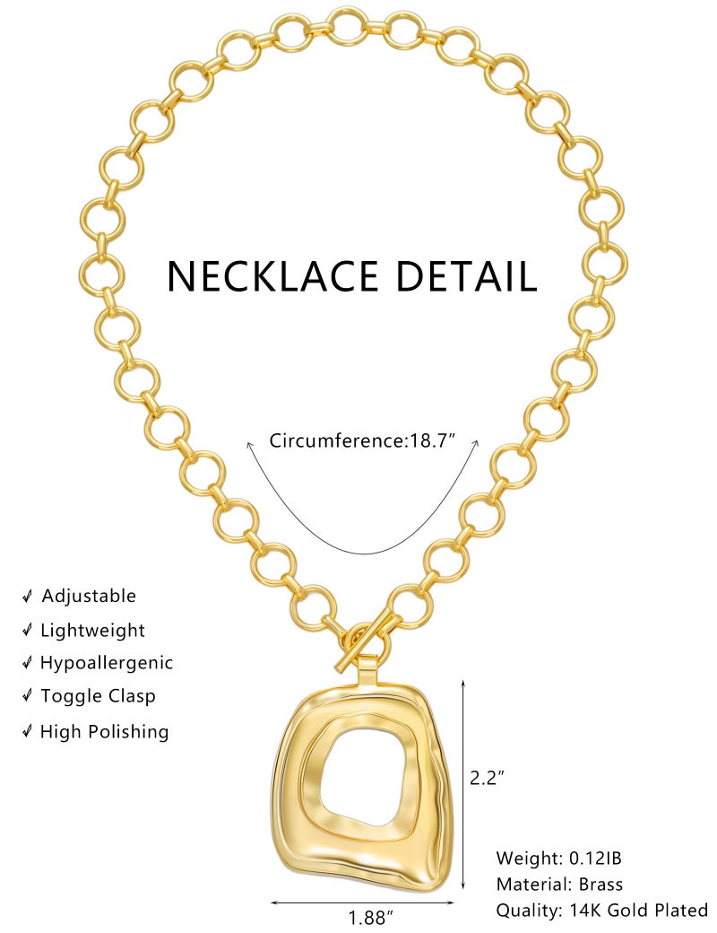 17mile 17 MILE Chunky Gold Necklace for Women, 14K Gold Plated Vintage Boho Big Matte Asymmetrical Hollow Square Pendant Necklace, Lightweight Toggle Clasp Statement Necklace - Image 4