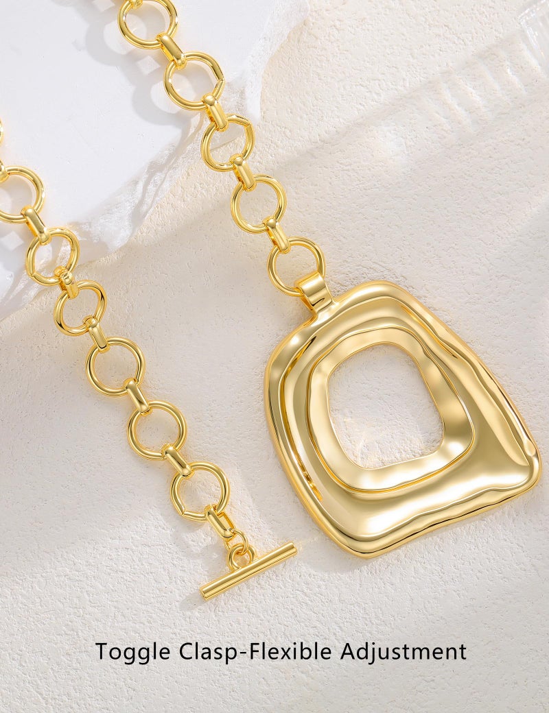 17mile 17 MILE Chunky Gold Necklace for Women, 14K Gold Plated Vintage Boho Big Matte Asymmetrical Hollow Square Pendant Necklace, Lightweight Toggle Clasp Statement Necklace - Image 5