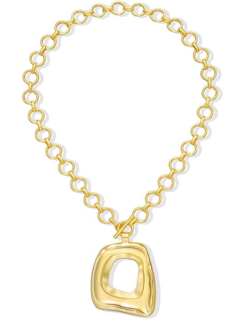 17mile 17 MILE Chunky Gold Necklace for Women, 14K Gold Plated Vintage Boho Big Matte Asymmetrical Hollow Square Pendant Necklace, Lightweight Toggle Clasp Statement Necklace - Image 1