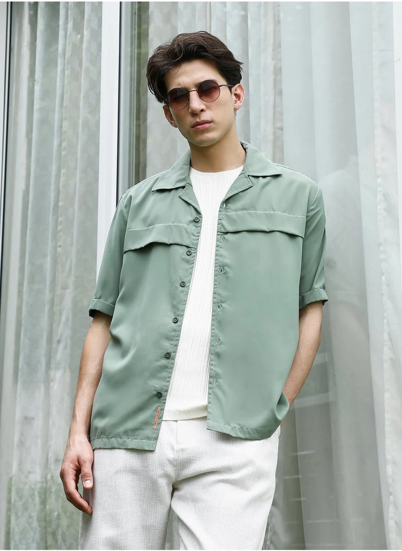 كامبوس سوترا Sage Green Cuban Collar Relaxed Fit Shirt For Men