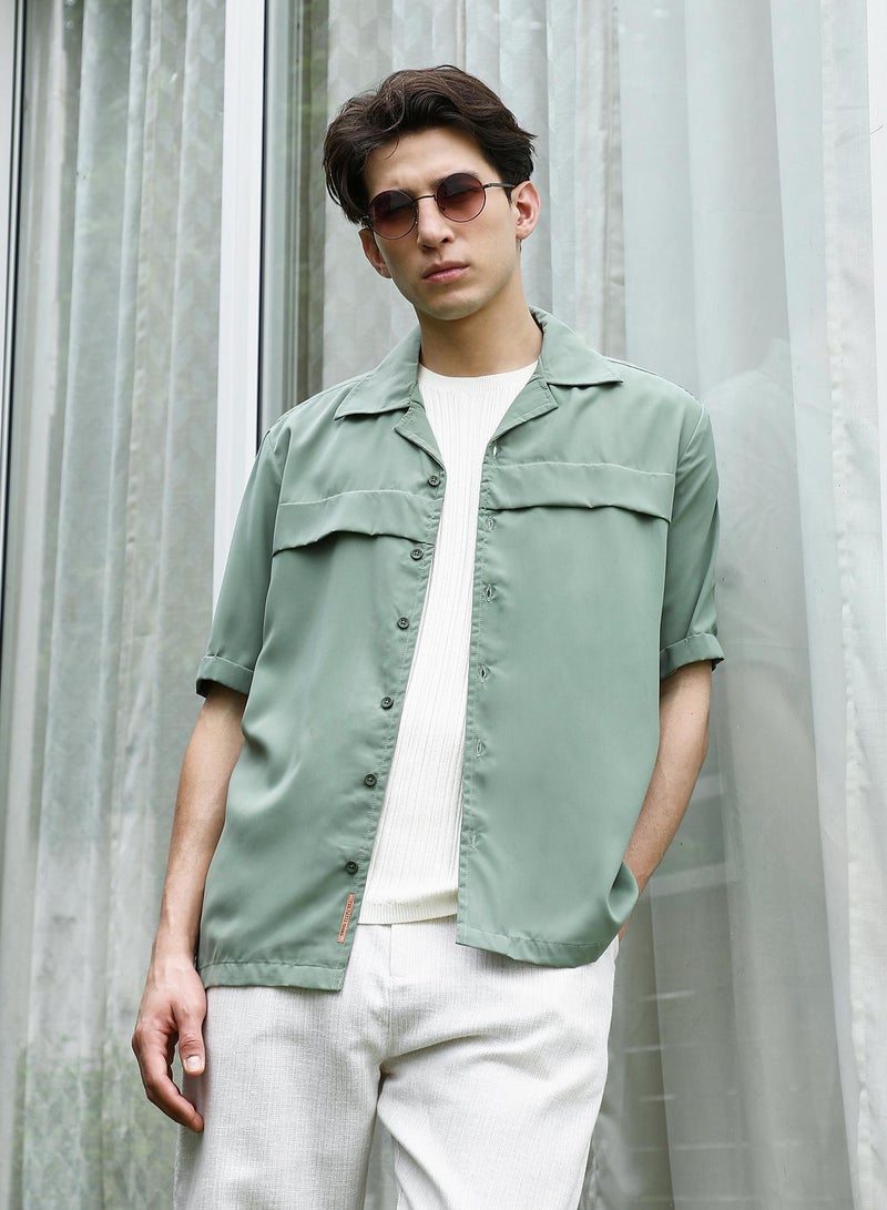 Campus Sutra Sage Green Cuban Collar Relaxed Fit Shirt For Men - Image 1
