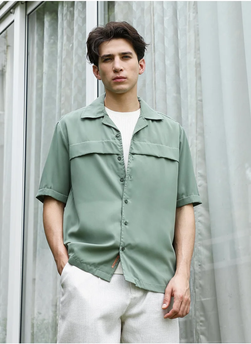 كامبوس سوترا Sage Green Cuban Collar Relaxed Fit Shirt For Men