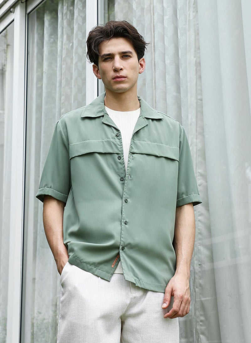 Campus Sutra Sage Green Cuban Collar Relaxed Fit Shirt For Men - Image 2