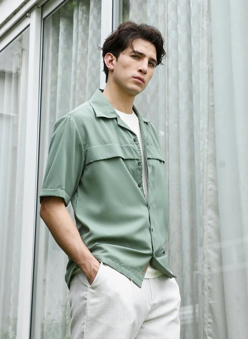 Campus Sutra Sage Green Cuban Collar Relaxed Fit Shirt For Men