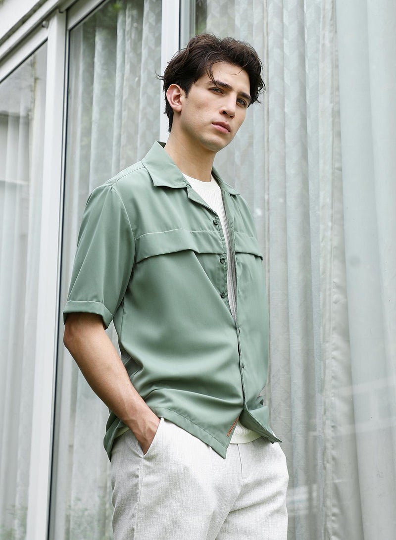 Campus Sutra Sage Green Cuban Collar Relaxed Fit Shirt For Men - Image 3