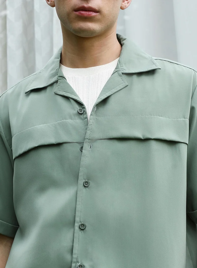 Campus Sutra Sage Green Cuban Collar Relaxed Fit Shirt For Men