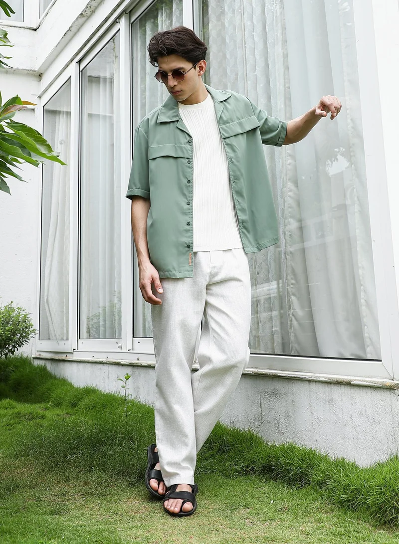 Campus Sutra Sage Green Cuban Collar Relaxed Fit Shirt For Men
