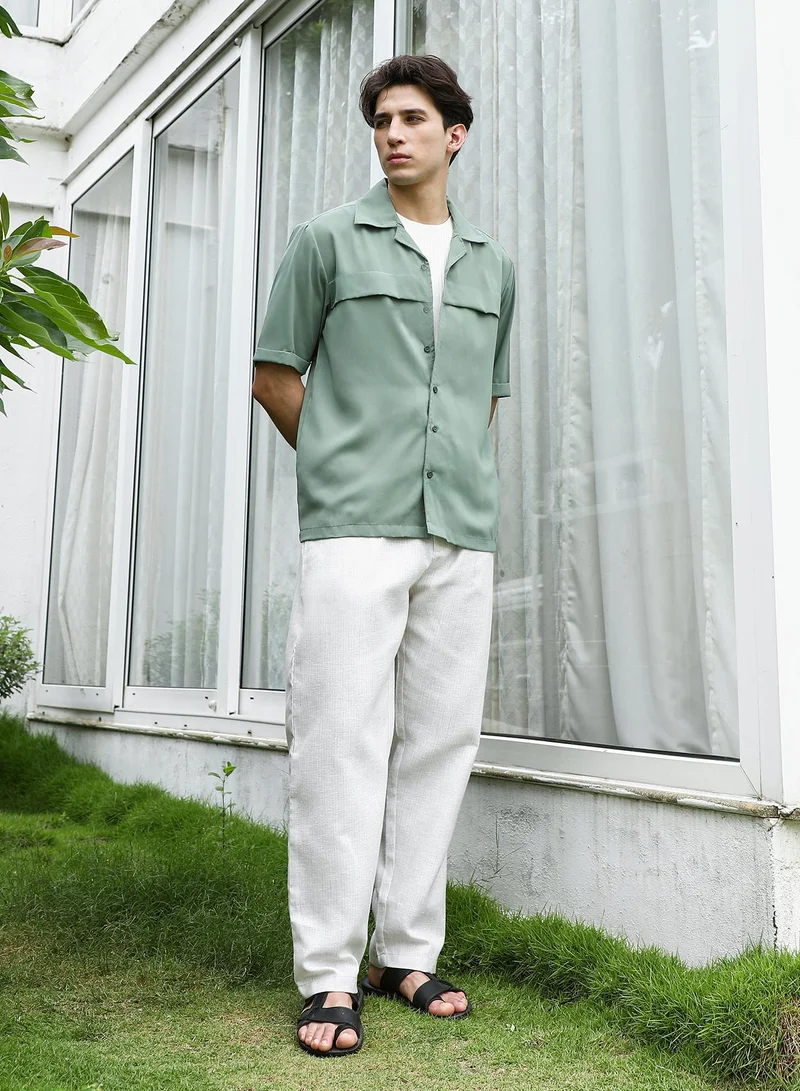 Campus Sutra Sage Green Cuban Collar Relaxed Fit Shirt For Men