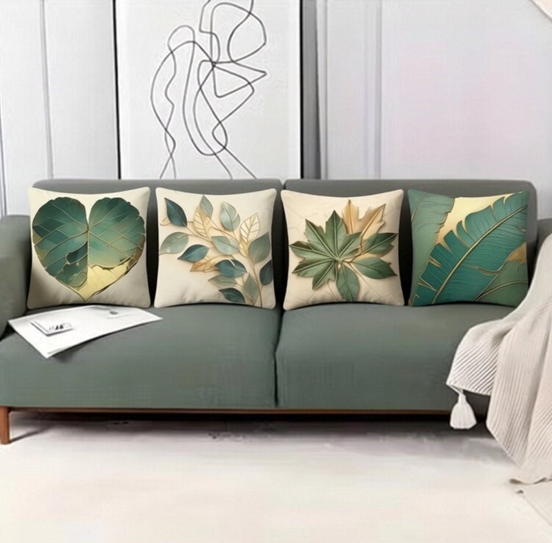 Four-piece cushion cover set, including cushion covers, luxurious green and gold botanical decorative sofa pillowcases, 45cm x 45cm, suitable for living room sofas, car sofas, and bed pillowcases (18x18 inches). - Image 2