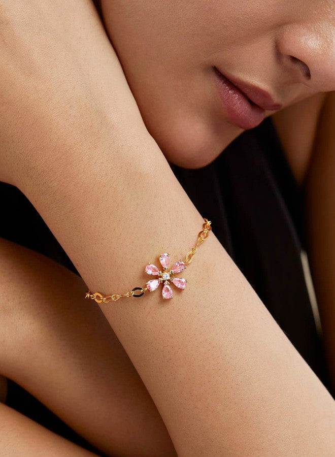 MINUTIAE Adjustable Stylish Solitaire Pink Flower Shaped Crystals Cubic Zirconia Diamonds | Brass Bracelet Kada for Her/Women/Girls (Gold) - Image 4