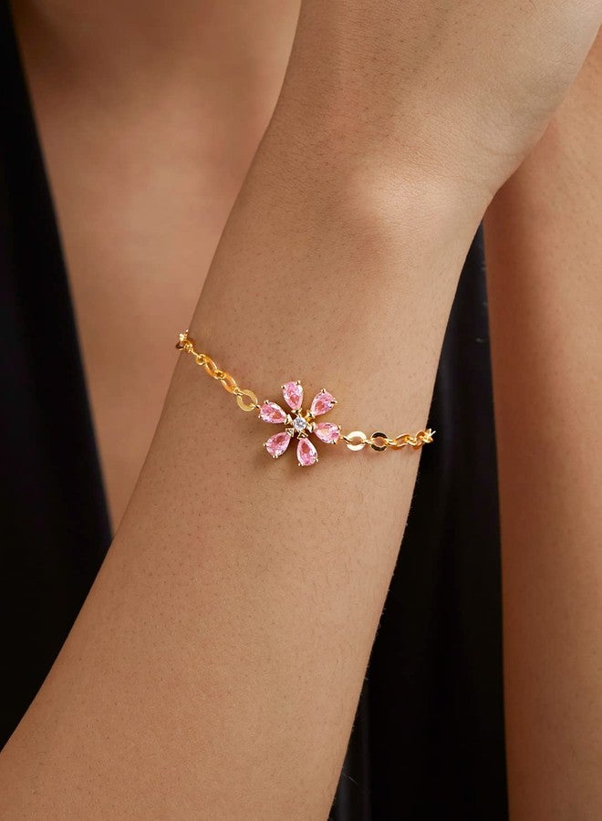 MINUTIAE Adjustable Stylish Solitaire Pink Flower Shaped Crystals Cubic Zirconia Diamonds | Brass Bracelet Kada for Her/Women/Girls (Gold) - Image 3