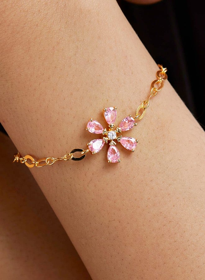 MINUTIAE Adjustable Stylish Solitaire Pink Flower Shaped Crystals Cubic Zirconia Diamonds | Brass Bracelet Kada for Her/Women/Girls (Gold) - Image 2