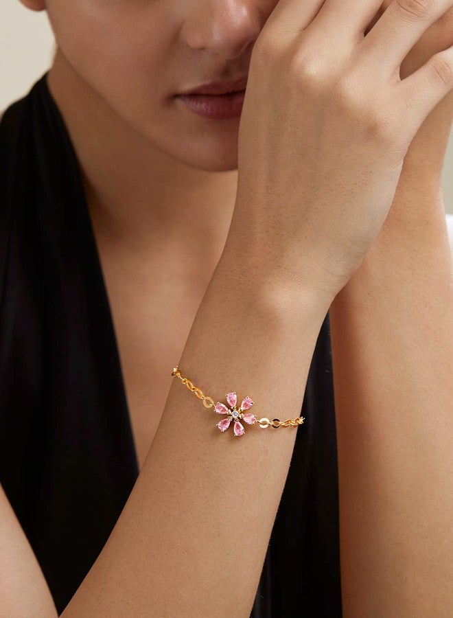 MINUTIAE Adjustable Stylish Solitaire Pink Flower Shaped Crystals Cubic Zirconia Diamonds | Brass Bracelet Kada for Her/Women/Girls (Gold) - Image 5