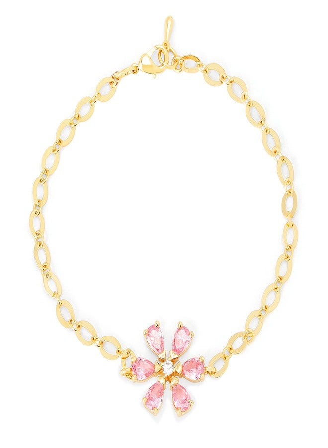 MINUTIAE Adjustable Stylish Solitaire Pink Flower Shaped Crystals Cubic Zirconia Diamonds | Brass Bracelet Kada for Her/Women/Girls (Gold) - Image 1