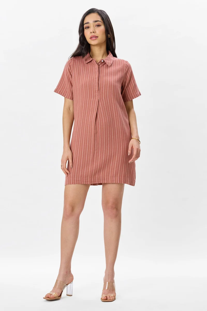فيرجيو Self Design Linen Boxy Fit Classic Shirt Dress for Women