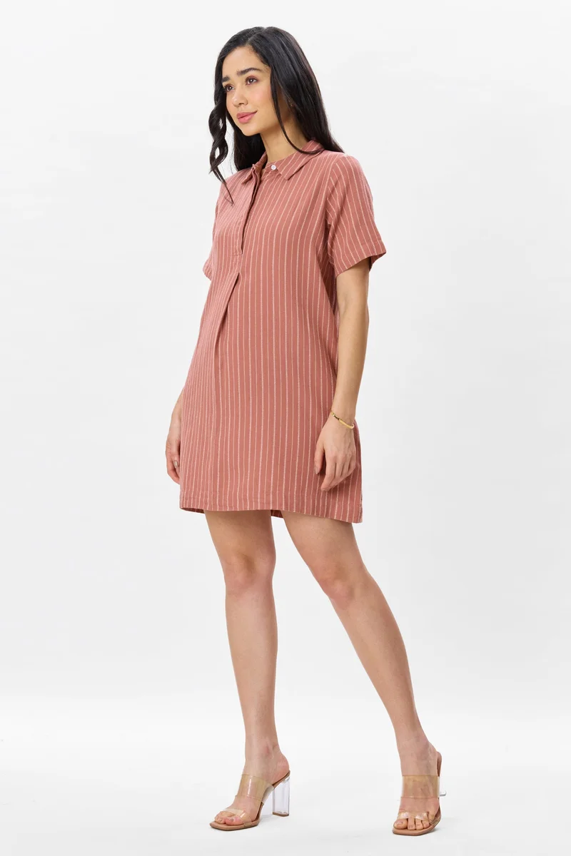 Virgio  Self Design Linen Boxy Fit Classic Shirt Dress for Women for Women | Best Price UAE