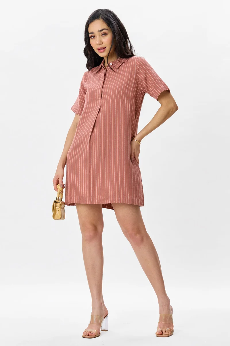 فيرجيو Self Design Linen Boxy Fit Classic Shirt Dress for Women