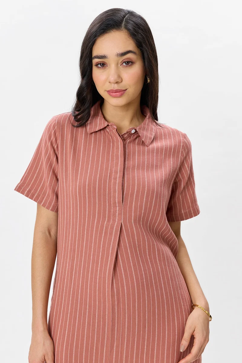 Virgio  Self Design Linen Boxy Fit Classic Shirt Dress for Women for Women | Best Price UAE