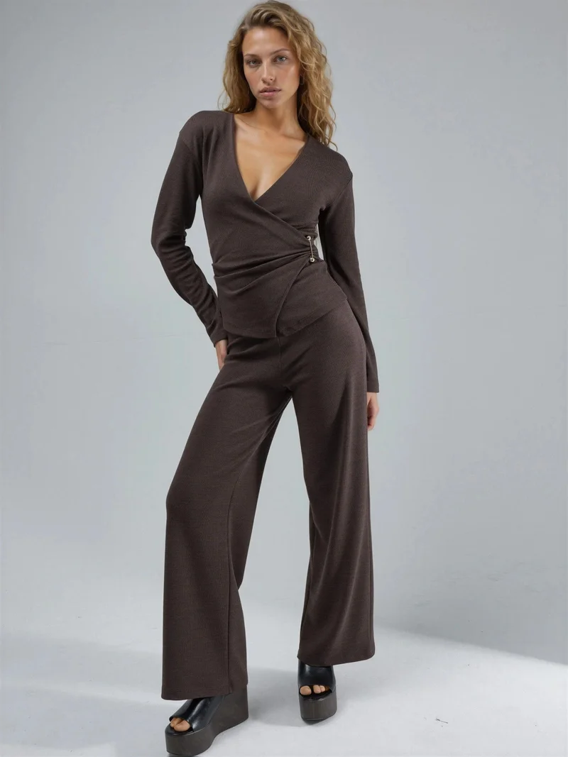 Busem Walnut Brown Accessory Detail V-Neck Long Sleeve Wrap Blouse for Women | Best Price UAE