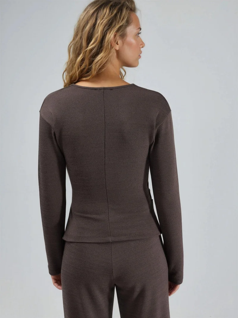 Busem Walnut Brown Accessory Detail V-Neck Long Sleeve Wrap Blouse for Women | Best Price UAE