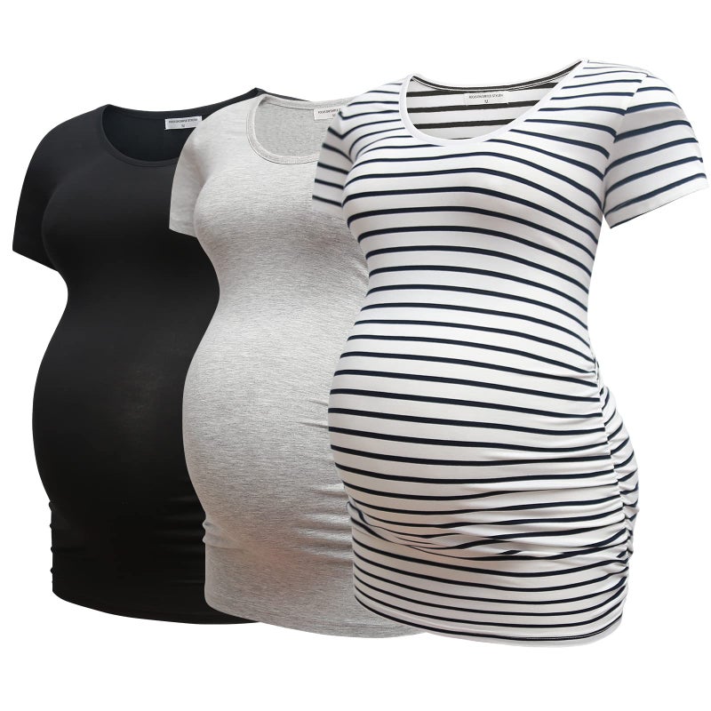 Bearsland Womens Maternity Tshirt 3 Packs Classic Side Ruched Tee Top Mama Pregnancy Clothes,Black+LightGray+witstripe,M