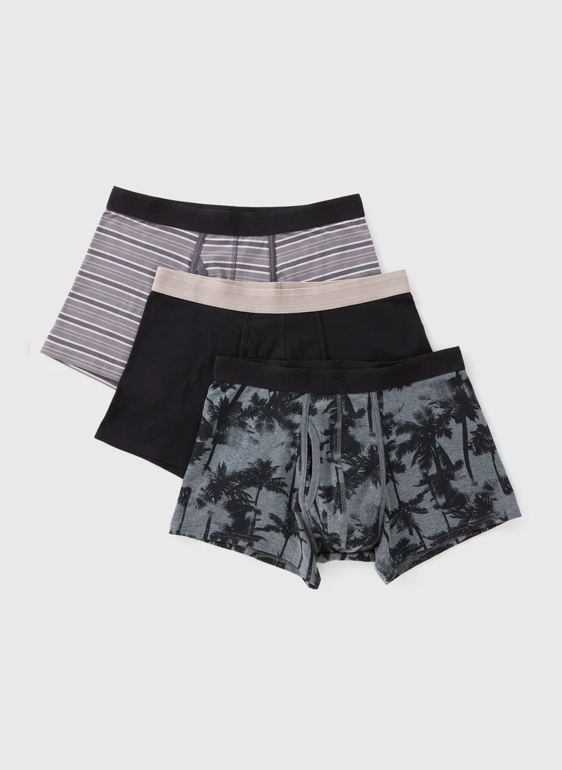 Matalan 3 Pack Black Palm Stripe Keyhole Boxers
