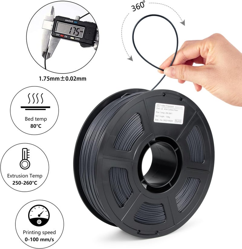 ايزنمايت خيوط ASA كربون فايبر 1.75 مم، خيوط ASA CF، دقة أبعاد +/- 0.02 مم، بكرة 1 كجم خيوط طبا��ة ثلاثية الأبعاد ASA كربون فايبر للطابعات ثلاثية الأبعاد - Image 3