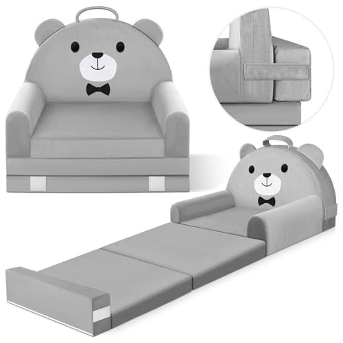Kids Sofa Bed with Removable Washable Cover  MagicTape Backrest  Foldable Toddler Chair Cozy Crystal Velvet Furniture for Playtime Naps  Travel Soft Grey Bear Design
