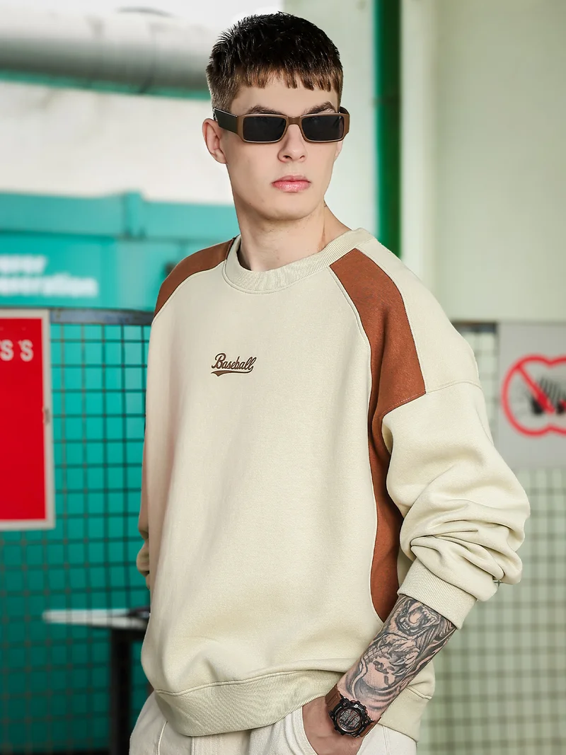Maniac  Maniac Mens Printed Round Neck Raglan Full Sleeve Biscuit & Brown Fleece Sweatshirt for Men | Best Price UAE
