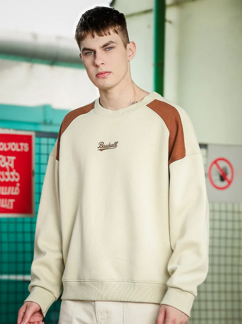 Maniac  Maniac Mens Printed Round Neck Raglan Full Sleeve Biscuit & Brown Fleece Sweatshirt for Men | Best Price UAE