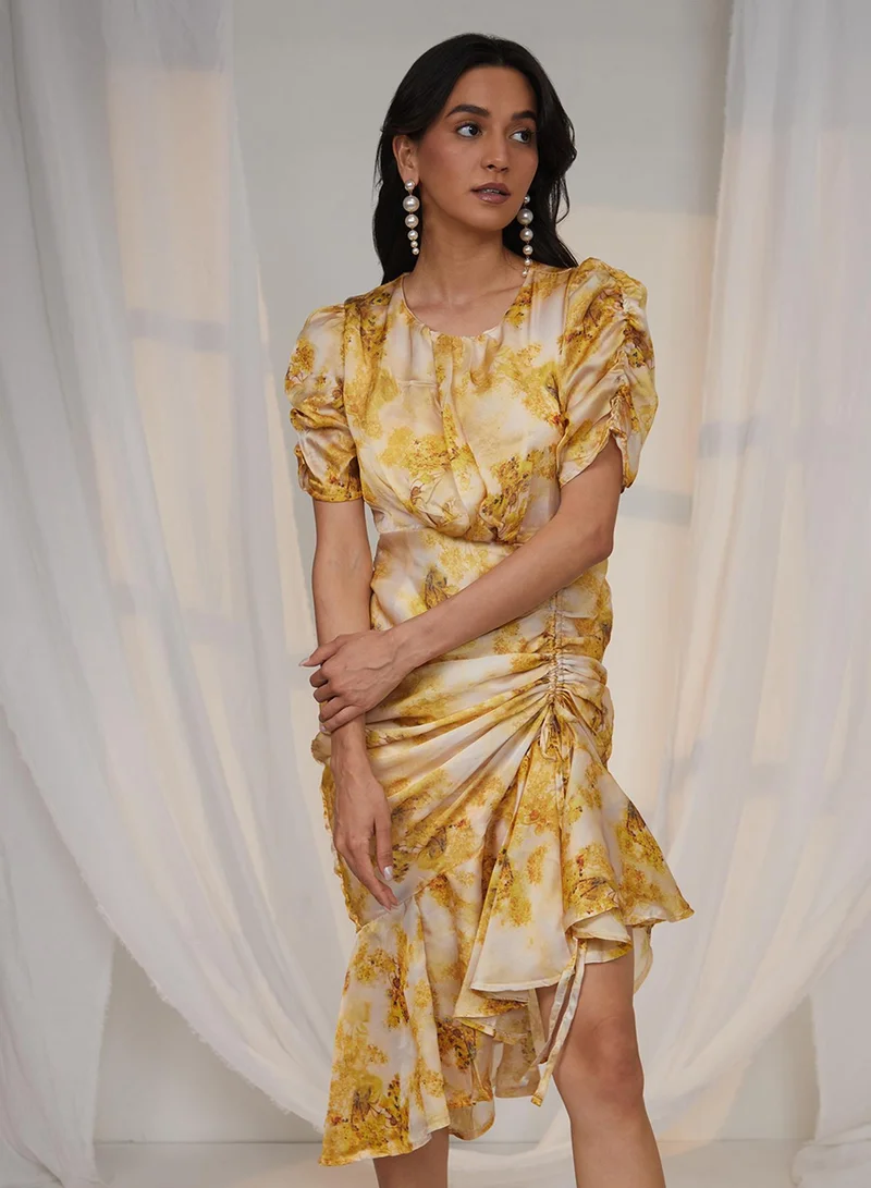 PINACOLADA Women's Mustard Yellow Blurry Draped Dress
