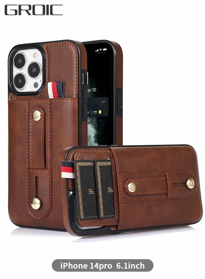 GROIC Compatible with IPhone 14 Pro Case, Wallet Phone Case, Cover with Card Slot, PU Leather Wristband Card Holder Cover, Adjustable Stand Phone Shell for Iphone 14 Pro 6.1 inch-Brown - Image 1