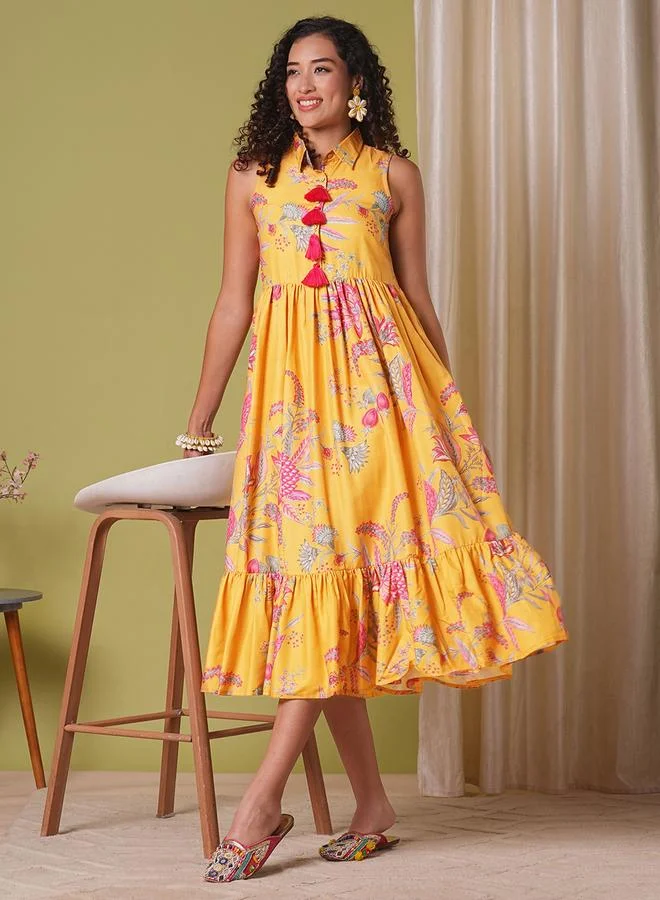 جلو باص فستان فيوجن ميدي مزموم بتفاصيل شرابات