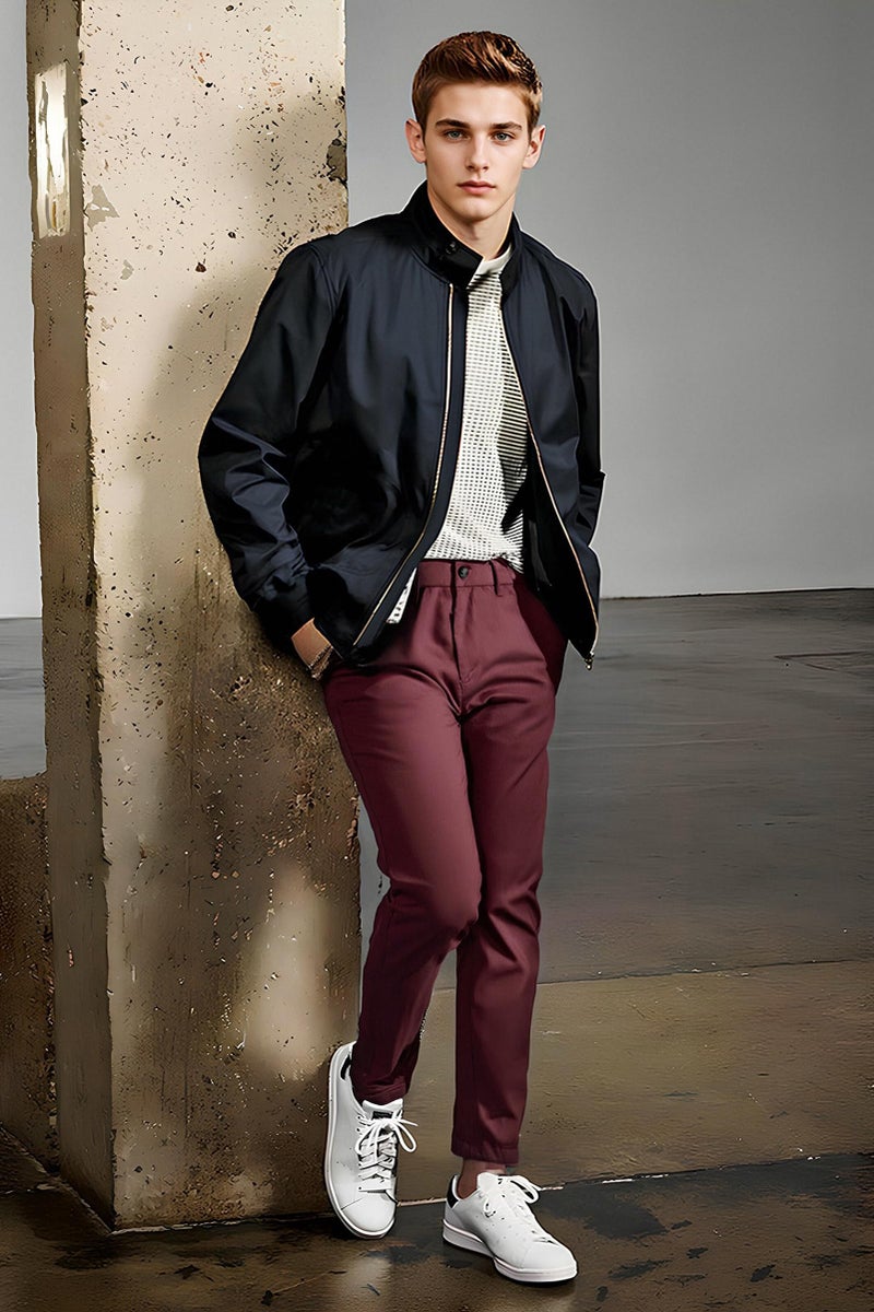 Plaid&Plain Men's Skinny Stretchy Khaki Pants Colored Pants Slim Fit Slacks Tapered Trousers 819 Burgundy 36X34 - Image 3