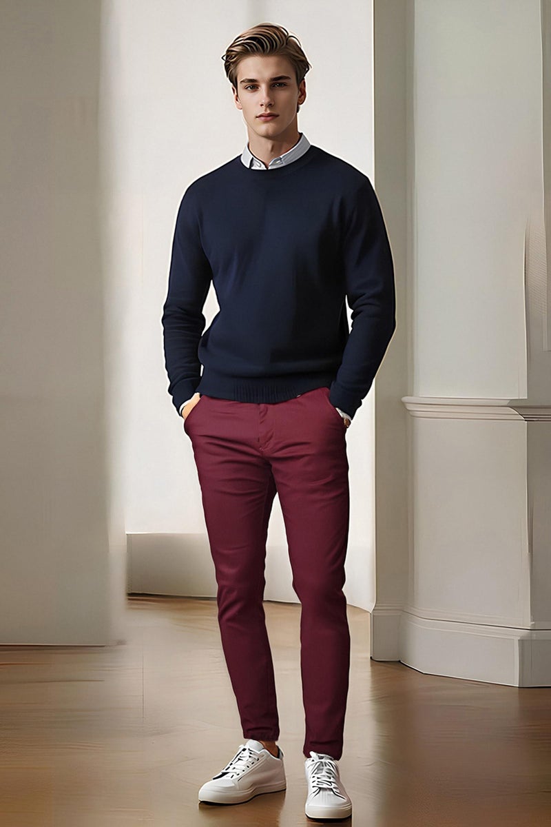 Plaid&Plain Men's Skinny Stretchy Khaki Pants Colored Pants Slim Fit Slacks Tapered Trousers 819 Burgundy 36X34 - Image 2