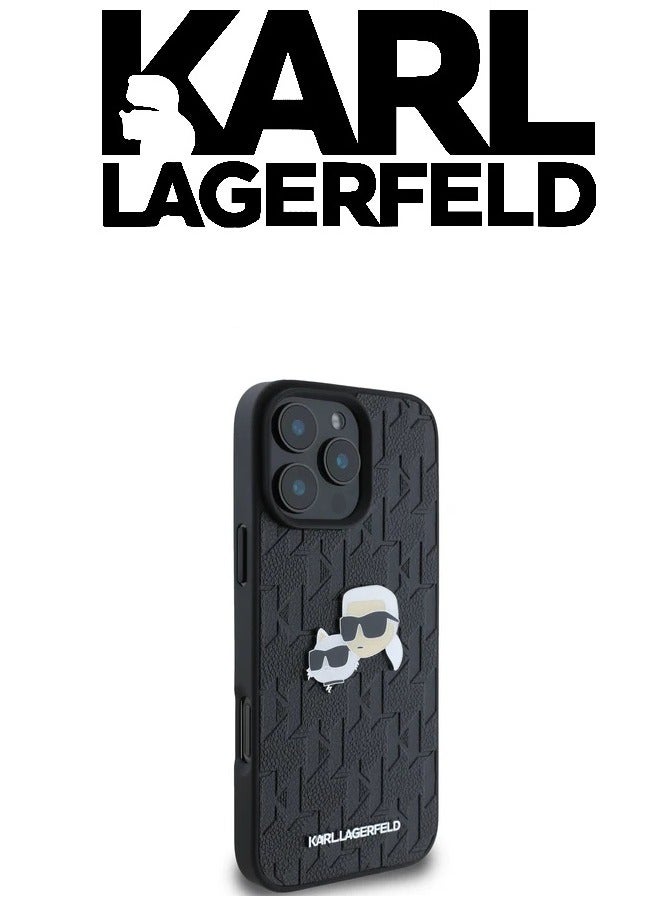 سي جي موبايل كفر حماية خلفية ايفون 16 بروماكس، بشعار اصلي وتصميم من الجلد، معتمد من البراند العالمي كارل لاغرفيلد (KARL LAGERFELD). من سي جي موبايل. أسود - Image 1